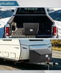 Heavy Duty 36 Inch Black Steel Trailer Tongue Tool Box With Overhang Lip And Solid Lock Featuring Fold Up Door Design mounted in truck and trailer.