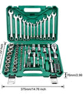 Grease Monkey Approved 61 Piece Socket Wrench Set Featuring Chrome Vanadium Steel Ratchet Tool Kit in green case, showing various sockets and ratchets.
