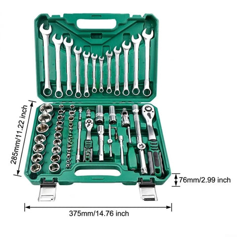 Grease Monkey Approved 61 Piece Socket Wrench Set Featuring Chrome Vanadium Steel Ratchet Tool Kit in green case, showing various sockets and ratchets.