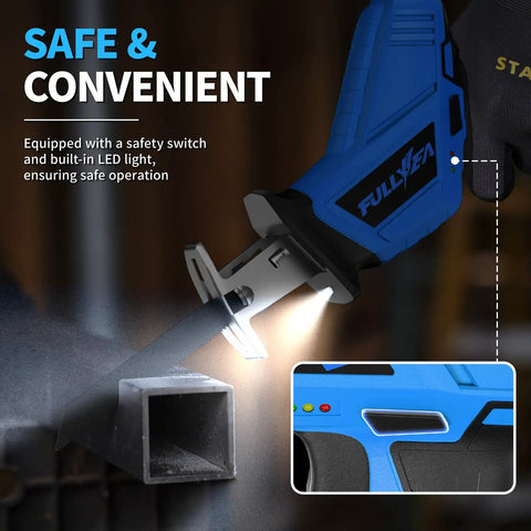 Cordless Reciprocating Saw Featuring Variable Speed Up To 3500 SPM For Smooth Tear Through Steel And Lumber Comes With Twin 2 Ah Batteries For Legit Heavy Duty Job Site Grind, showing safety switch and LED light.