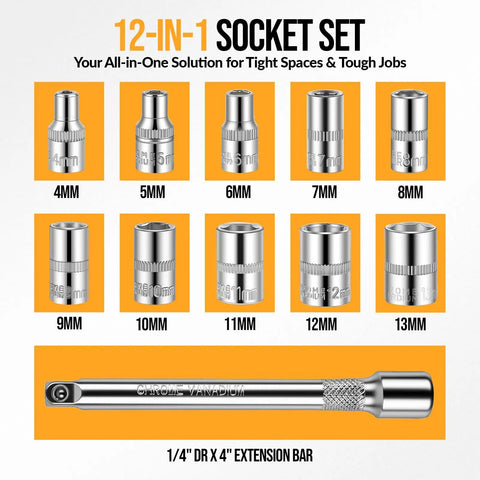 Professional Grade Mini Socket Set Featuring Quick Grip Ratchet And Extension Bar For Knuckling Down On Stubborn Bolts with various metric sizes.