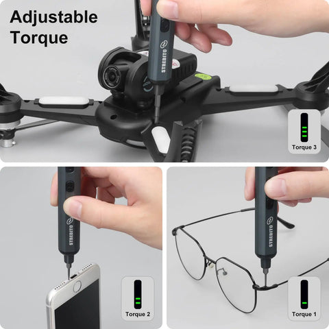 Badass Mini Electric Screwdriver Set With 70 Precision Bits And Five Variable Torque Settings For Delicate Gadget Repair and Heavy Duty Household Jobs That Are Super Tight And Ridiculously Reliable, used on drone, smartphone, and glasses.