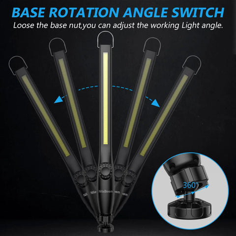 Beast Mode Bright LED Work Light showing 360-degree swivel base and rotating angle switch for versatile illumination.