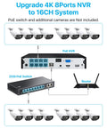 8 Channel 4K Spotlight PoE Security Camera System With Eight 8MP Outdoor Indoor Metal Cameras Including Person And Vehicle Detection Two Way Audio Color Night Vision NVR With 2TB HDD For 24 7 Home Recording, showing a network diagram with 8-port NVR, PoE switch, router, and camera setup.
