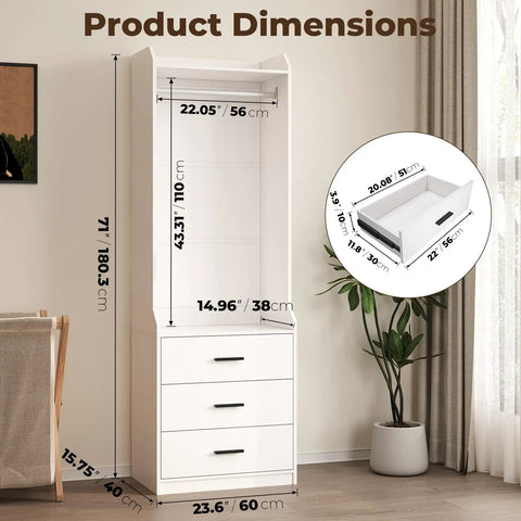Product dimensions for Spacious White Wardrobe Closet System With Three Deep Drawers And A Sturdy Hanging Rod.