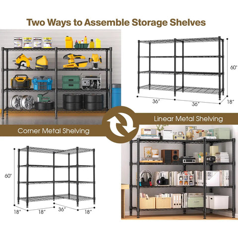Industrial Four Tier Metal Wire Shelving Rack Straight Up Solid Build With 1600 Lb Capacity No Fuss Setup For Garage Kitchen Pantry Laundry And Utility Rooms 72 X 18 X 60 Inches Matte Black showing assembly options.