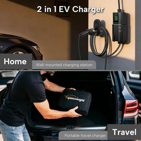 2 in 1 EV Charger on wall for home use, showing wall-mounted charging station and portable travel charger in trunk.