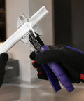 Versatile Miter Shears With Four Dedicated Cutting Slots For Hella Accurate Trim Work And Quarter Round Corners cutting white PVC trim
