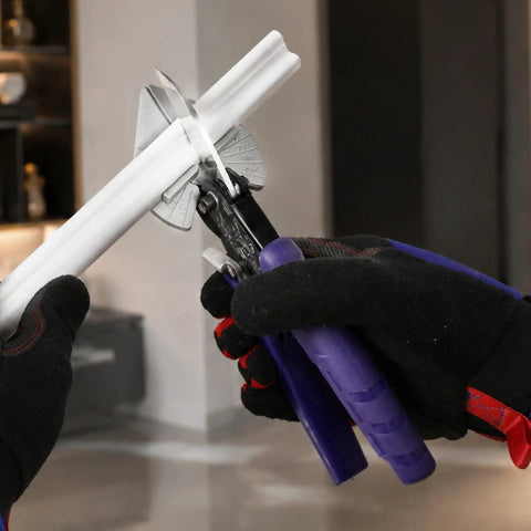Versatile Miter Shears With Four Dedicated Cutting Slots For Hella Accurate Trim Work And Quarter Round Corners cutting white PVC trim