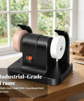Solid Dual Wheel Bench Grinder And Compact Polishing Rig With Copper Motor Blade Sharpener Tool Honer shown on wooden surface in workspace.