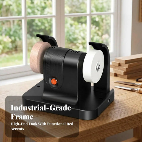 Built Tough Compact Bench Grinder Polishing Workstation Featuring Genuine Copper Motor Dual Grinding Wheels on a wooden table.