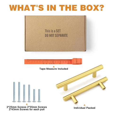 What's in the box image including Top Tier Stainless Steel T Bar Cabinet Pulls In A Knockout Gold Finish and screws.