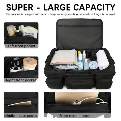 Open military grade rolling duffle bag showcasing large 120L capacity and multiple pockets filled with travel essentials for packing ease.