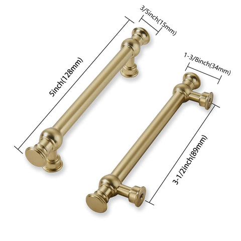 10 Pack 3 1/2 Inch Hole Center Brushed Brass Cabinet Pulls Solid Heavy Duty Drawer Handles For Kitchen Bathroom Furniture, sizes 5 and 3.5 inches.
