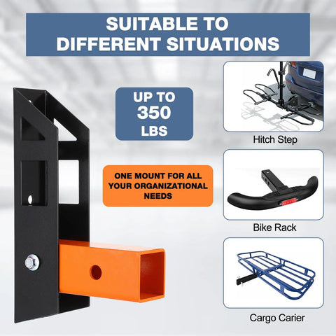 Beefy Steel Hitch Wall Mount Foldable Garage Saver For 2 Inch Receiver Easy Grip stows bike racks and cargo carriers up to 350 lbs.