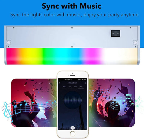 Smart Under Cabinet Lighting Kit With Alexa And Google Control, Dimmable, linkable LED bar syncing with music using a smartphone app.