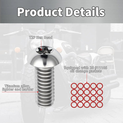 Heavy Duty Torx Titanium Alloy Bolts For Harley Derby Cover 5 Or 6 Hole Pattern Upgrades shown with T27 hex head and o-rings.