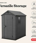 Lockable Resin Outdoor Storage Shed Graphite Gray Four By Six Feet Weather Resistant Patio Garden Tool Organizer shown from the front angle.