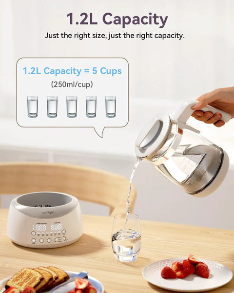 Bottle Warmer With Night Light And Fast Cooling Fan Instant Water Warmer For Bottles Electric Tea Kettle Style Warmer With 6 Temperature Presets Helps Feed Baby Faster And Healthier Mom Friendly showing 1.2L capacity with glass container