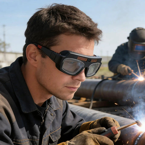 Close-up of Kickass Auto Darkening Welding Goggles Solar Powered Wraparound Safety Eyewear protecting eyes during TIG welding.