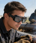 Close-up of man using Solar Powered Auto Darkening Welding Glasses With Killer Panoramic View And Super Comfy Wraparound Fit.