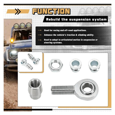 Heavy Duty Heim Joint Rod End Kit Two Pair Set With Left And Right Hand Threads Featuring Sealed Greased Chromoly Steel Design For Rock Solid Steering and Long Lasting Ride Stability components displayed, including rod ends, nuts, and connectors.