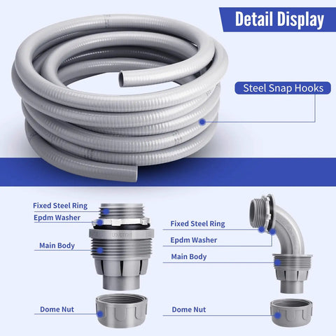 Rock Solid Flexible Liquid Tight Conduit 3/4 Inch 50 Foot Coil with steel snap hooks and detailed fittings display.