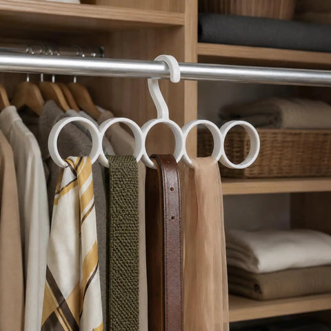 Slick Closet Organizer And Scarf Hanger That Crushes Your Morning Clutter With Wide Loops For Quick Belt Tie And Hijab Storage. White organizer with rings holds scarves and belts on a closet pole.