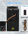 Three Kilowatt VFD Variable Frequency Drive Inverter Controller with operation manual and 2m extension cable visible