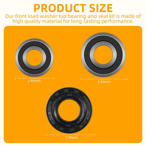 Front Load Washer Tub Bearings And Seal Kit With Large And Small Bearings Plus Tub Gasket showing three sizes: 2.44, 2.83, and 2.99 inches.