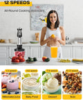 Six In One Immersion Blender With 1000W Motor And 12 Speed Settings displayed on kitchen counter with fruits and smoothies