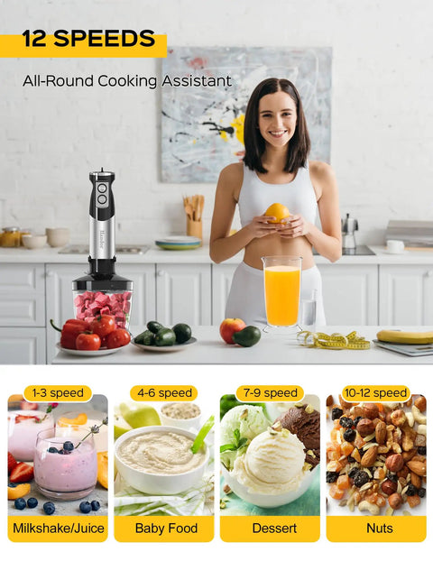 Six In One Immersion Blender With 1000W Motor And 12 Speed Settings displayed on kitchen counter with fruits and smoothies