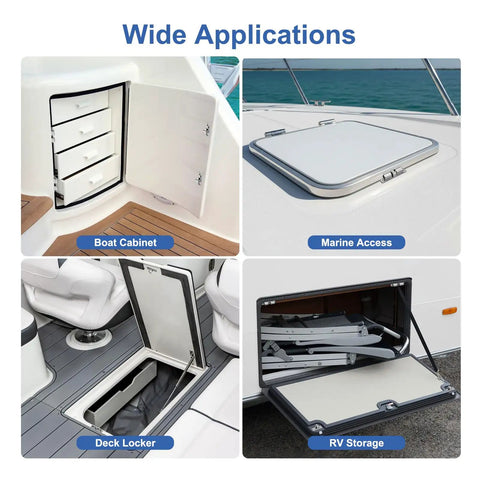 Four images showing applications of Built Like A Tank Marine Double Roller Catch Latch 316 Stainless Steel Spring Loaded Cabinet Door Lock.