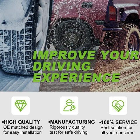 Image showing tires on snow and mud, highlighting the Complete Eight Piece Front Suspension Overhaul Kit for improved driving.