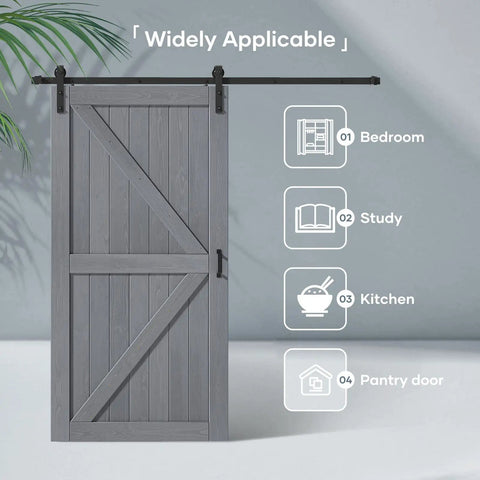 Grey Wood Sliding Barn Door With Rustic Farmhouse Style Premium Spruce Construction For Elegant Home Decor showing usage in various rooms.