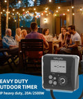 Heavy Duty Outdoor Pool Timer with Rotating Dial and 6 Easy Programs waterproof design shown in backyard setting.