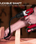Heavy Duty 20 Volt Max Lithium Ion Cordless Drill Kit Featuring Ergonomic Grip And Keyless Chuck With Variable Speed Control 22 Piece Drill Bit Set Plus Plug And Play Charger For Kick Ass No Sweat Diy Projects with flexible shaft in use.