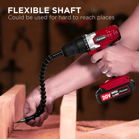 Heavy Duty 20 Volt Max Lithium Ion Cordless Drill Kit Featuring Ergonomic Grip And Keyless Chuck With Variable Speed Control 22 Piece Drill Bit Set Plus Plug And Play Charger For Kick Ass No Sweat Diy Projects with flexible shaft in use.