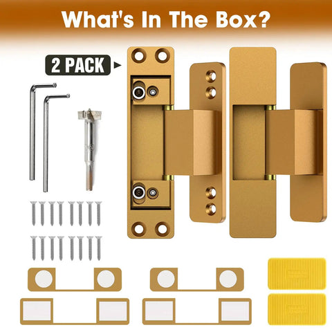 Four Point Five Inch Concealed Door Hinges For Invisible And Folding Doors featuring installation accessories in gold finish, 2 pack.