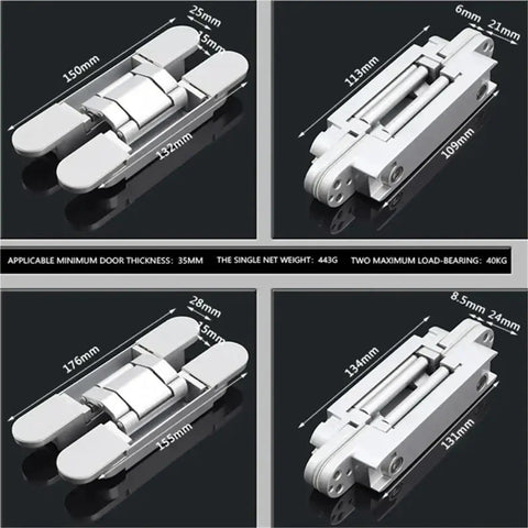 Badass Concealed Hidden Door Hinges With Rock Solid 180 Degree Adjustable Movement And A Zero Drama 80 Kilogram Load Rating For Quick Wood Door Installation In Sleek Black, showing measurements and design.