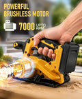 Seven And One Fourth Inch Brushless Cordless Circular Saw Heavy Duty Beast With Two Premium Blades And Rip Fence Guide Compatible With DeWalt 20v Max Battery Tool Only close-up on powerful brushless motor showcasing 7000 RPM.