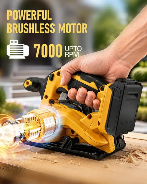 Seven And One Fourth Inch Brushless Cordless Circular Saw Heavy Duty Beast With Two Premium Blades And Rip Fence Guide Compatible With DeWalt 20v Max Battery Tool Only close-up on powerful brushless motor showcasing 7000 RPM.