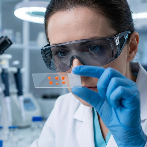 Fifty Pack Tough As Nails Safety Glasses For Crews And Jobsites Featuring Anti Fog Polycarbonate Lenses worn by lab technician.