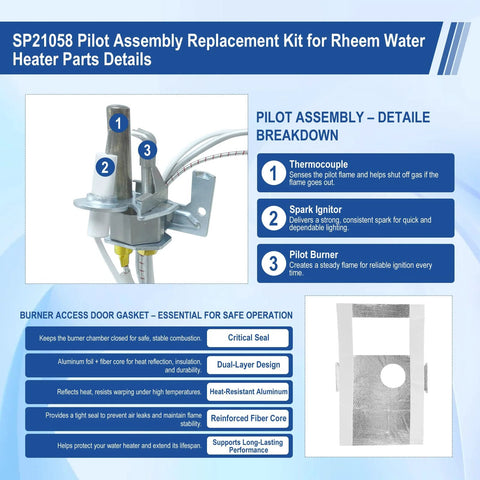 SP21058 pilot assembly replacement kit for Rheem water heaters; shows thermocouple, spark igniter, pilot burner.