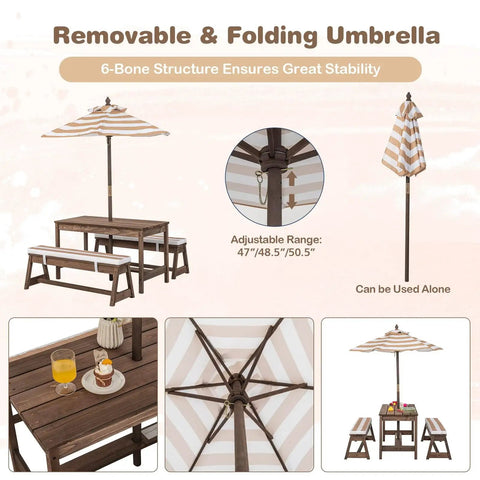 Outdoor Kids Picnic Table Set With Cushioned Benches And Umbrella, Wooden Coffee Finish, Foldable Stripe Umbrella Detail