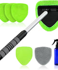 Extendable Interior Windshield Cleaner Tool With Four Plush Microfiber Pads For Streak Free Car And Home Window Detailing That Pulls Double Duty Without Any Sweat, showing microfiber pads and spray bottle.