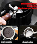 Automatic Electric Espresso Portafilter Knock Box With Touchless Sensor And No Sweat Dry Ground Cleanup For Your Home Bar Pro Or Cafe Crew Easy Machine Setup showing before and after cleaning.