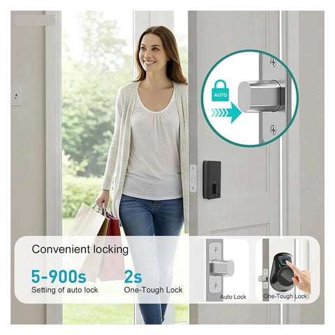 Next Level Smart Electronic Deadbolt Lock Providing Zero Drama Keyless Access With Lightning Biometric Scan and Remote Tap Control For Rock Solid Home Fortress Setup That Works Like Magic, shown with a woman entering a door.