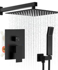 Top Tier 10 Inch Rainfall Shower System Featuring A Slick Handheld Wand And Ultra Smooth Single Lever Handle In Sharp Matte Black Coating with water flow.