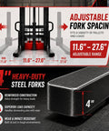 Heavy Duty Semi Electric Pallet Stacker High Lift Pallet Jack shows 4" steel forks with adjustable spacing 11.6" to 27.6" for heavy loads.